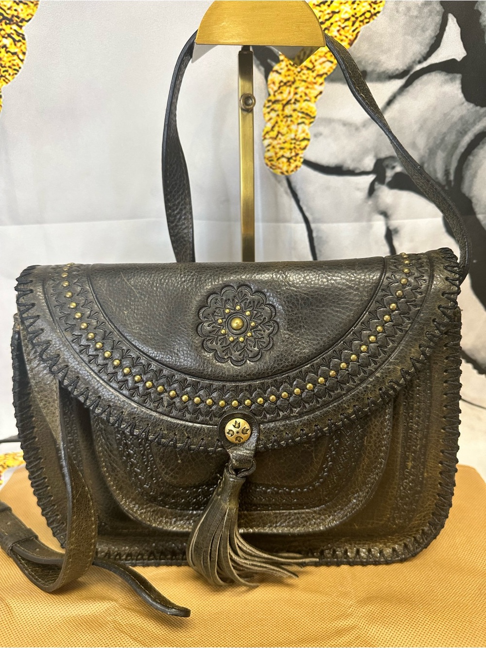 Patricia Nash Black Leather Shoulder Bag with Tassel